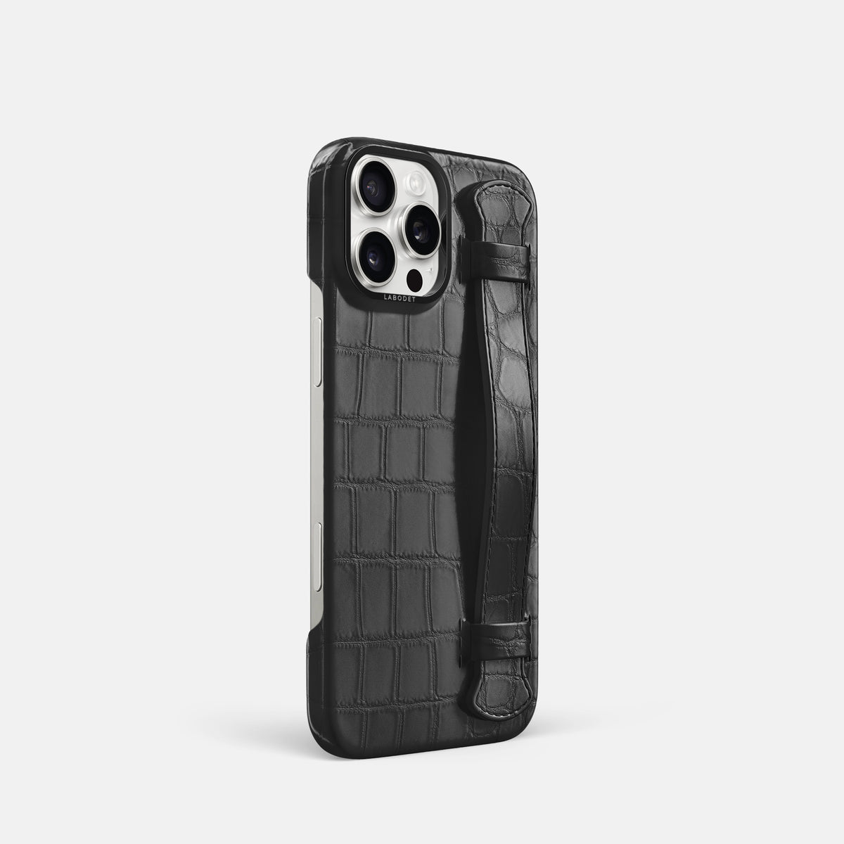 Grey iPhone 16 Pro Handle Case Alligator with Black Metal -2 | Grey-Black