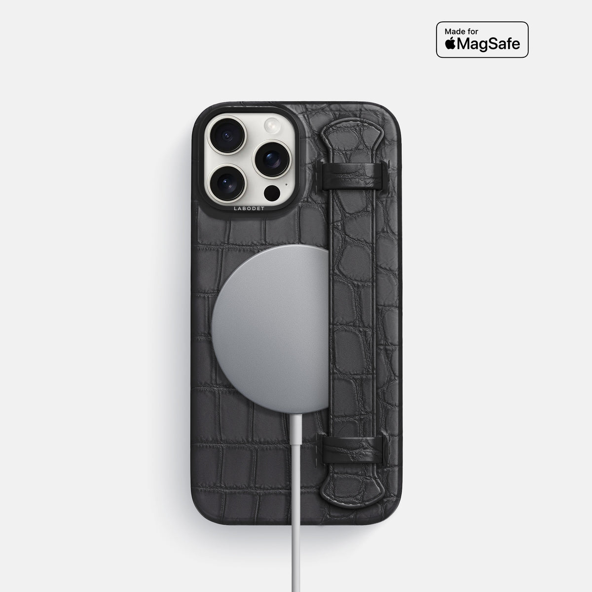 Grey iPhone 16 Pro Handle Case Alligator with Black Metal -4 | Grey-Black