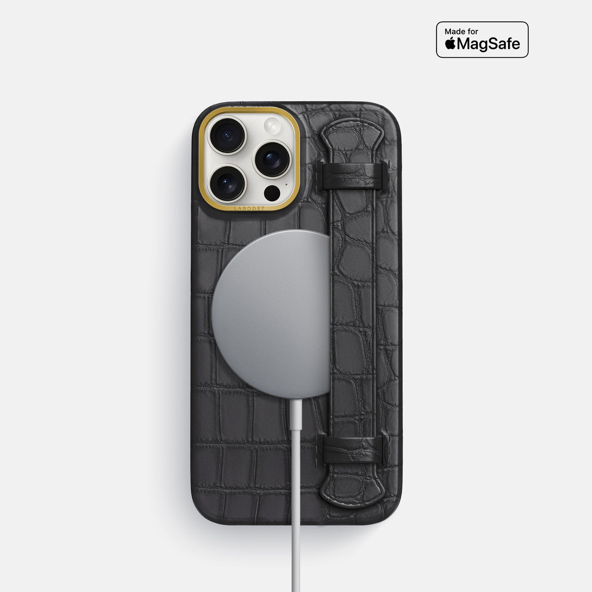 Grey iPhone 16 Pro Handle Case In Alligator with Gold Metal -4 | Grey-Gold