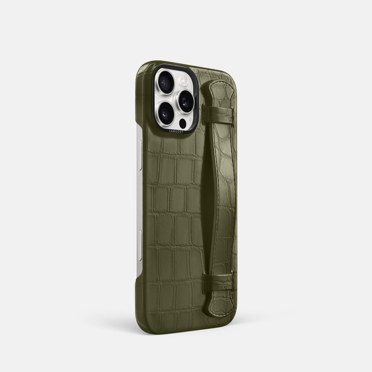 Kaki-Green iPhone 16 Pro Handle Case Alligator with Black Metal -2 | Kaki-Green-Black