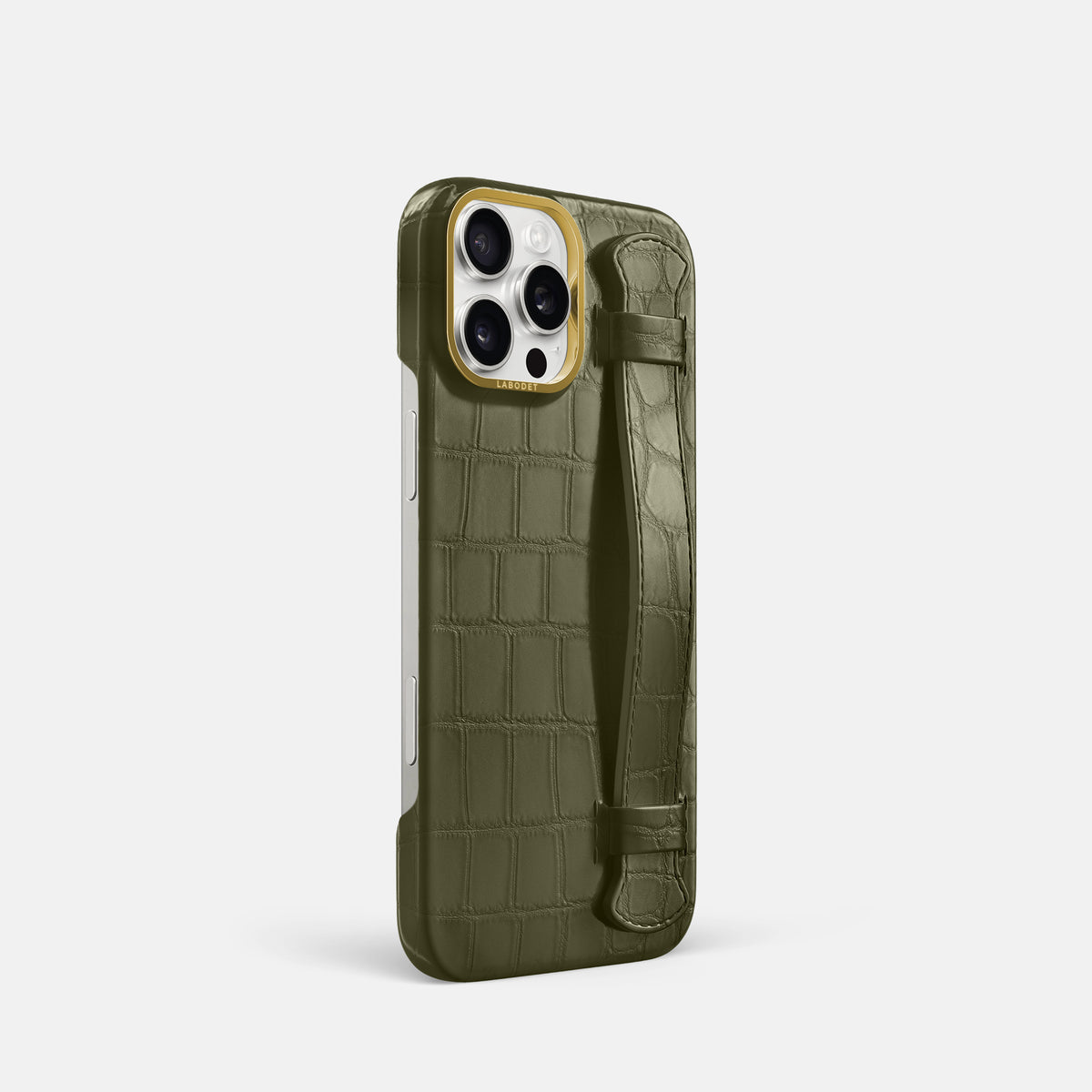 Kaki-Green iPhone 16 Pro Handle Case In Alligator with Gold Metal -2 | Kaki-Green-Gold