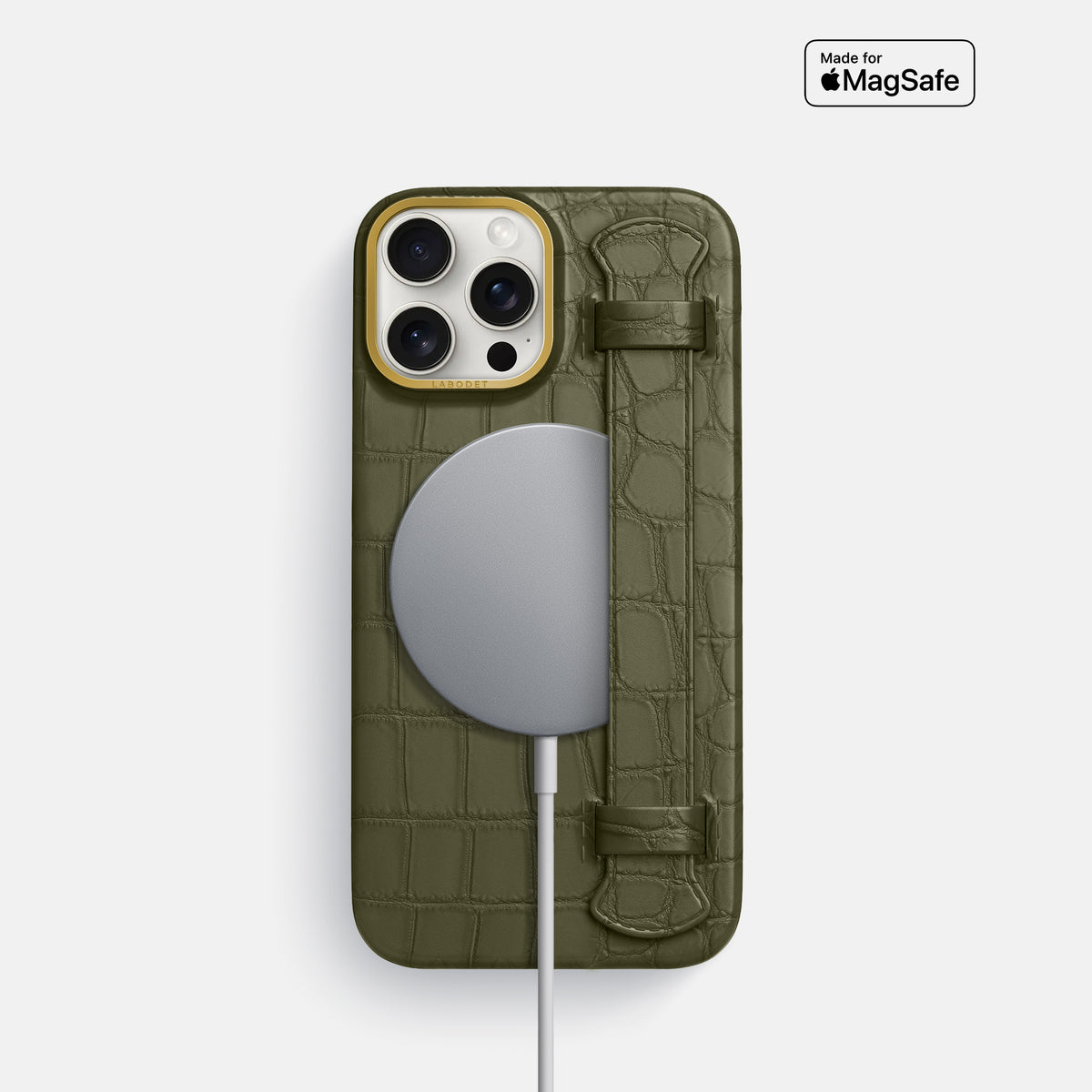 Kaki-Green iPhone 16 Pro Handle Case In Alligator with Gold Metal -4 | Kaki-Green-Gold