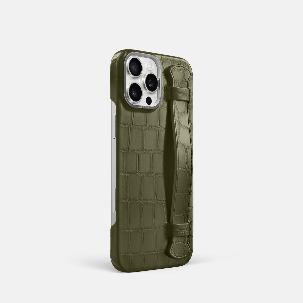 Kaki-Green iPhone 16 Pro Handle Case Alligator with Steel Metal -2 | Kaki-Green-Steel