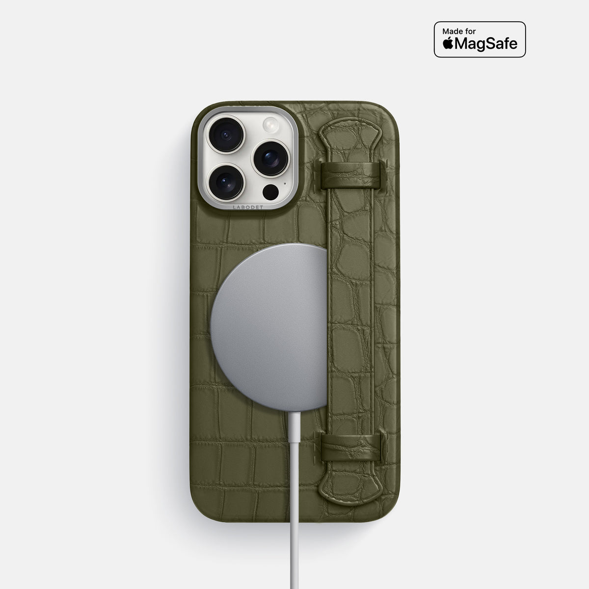 Kaki-Green iPhone 16 Pro Handle Case Alligator with Steel Metal -4 | Kaki-Green-Steel