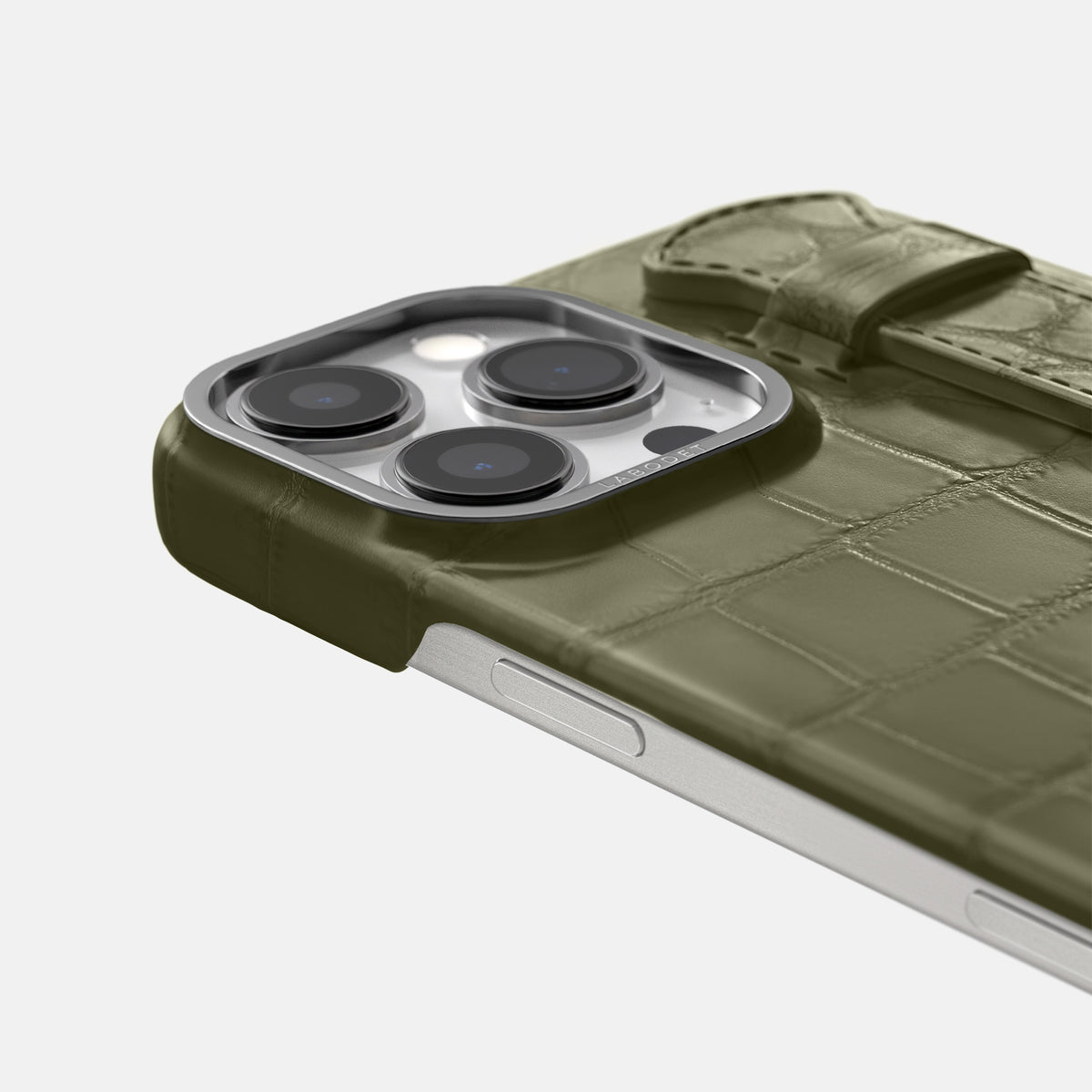 Kaki-Green iPhone 16 Pro Handle Case Alligator with Steel Metal -5 | Kaki-Green-Steel