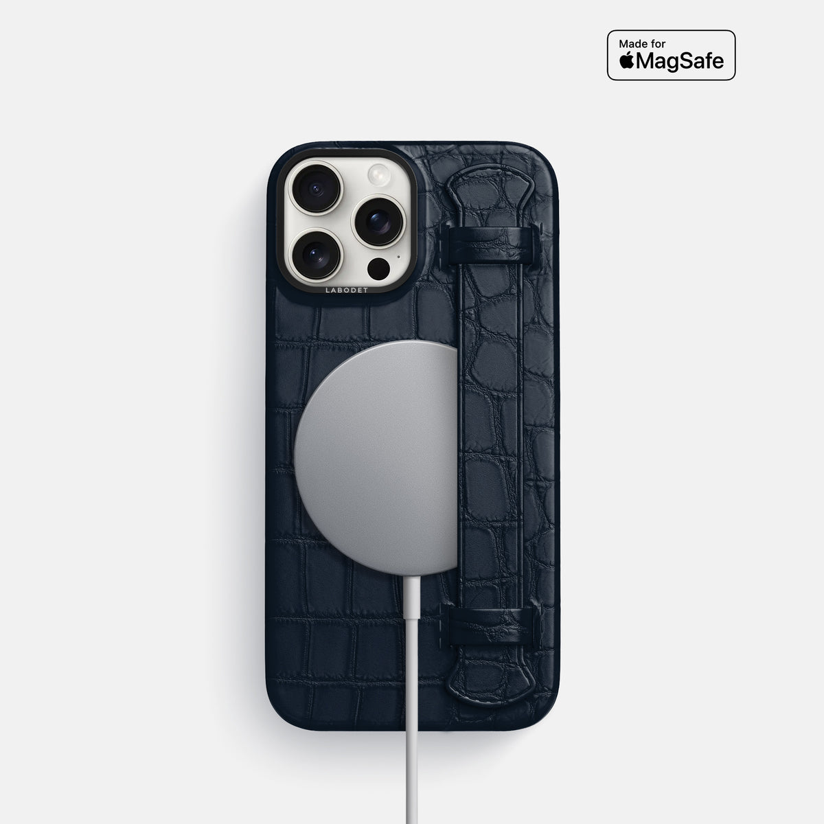 Navy Blue iPhone 16 Pro Handle Case Alligator with Black Metal -4 | Navy-Blue-Black