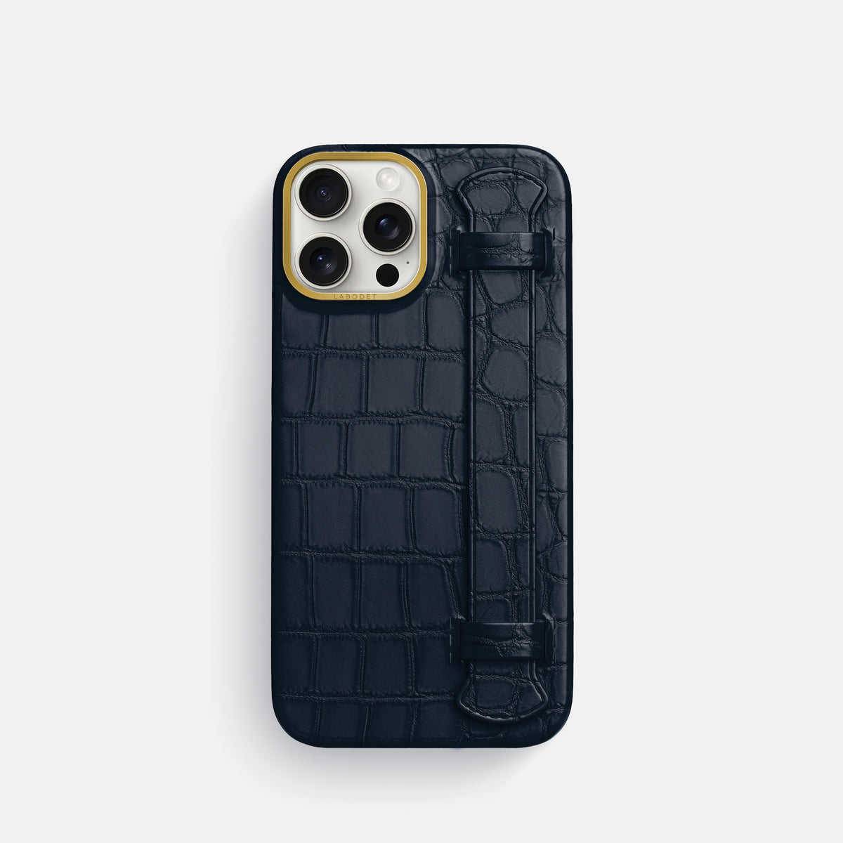 Navy Blue iPhone 16 Pro Handle Case In Alligator with Gold Metal -1 | Navy-Blue-Gold