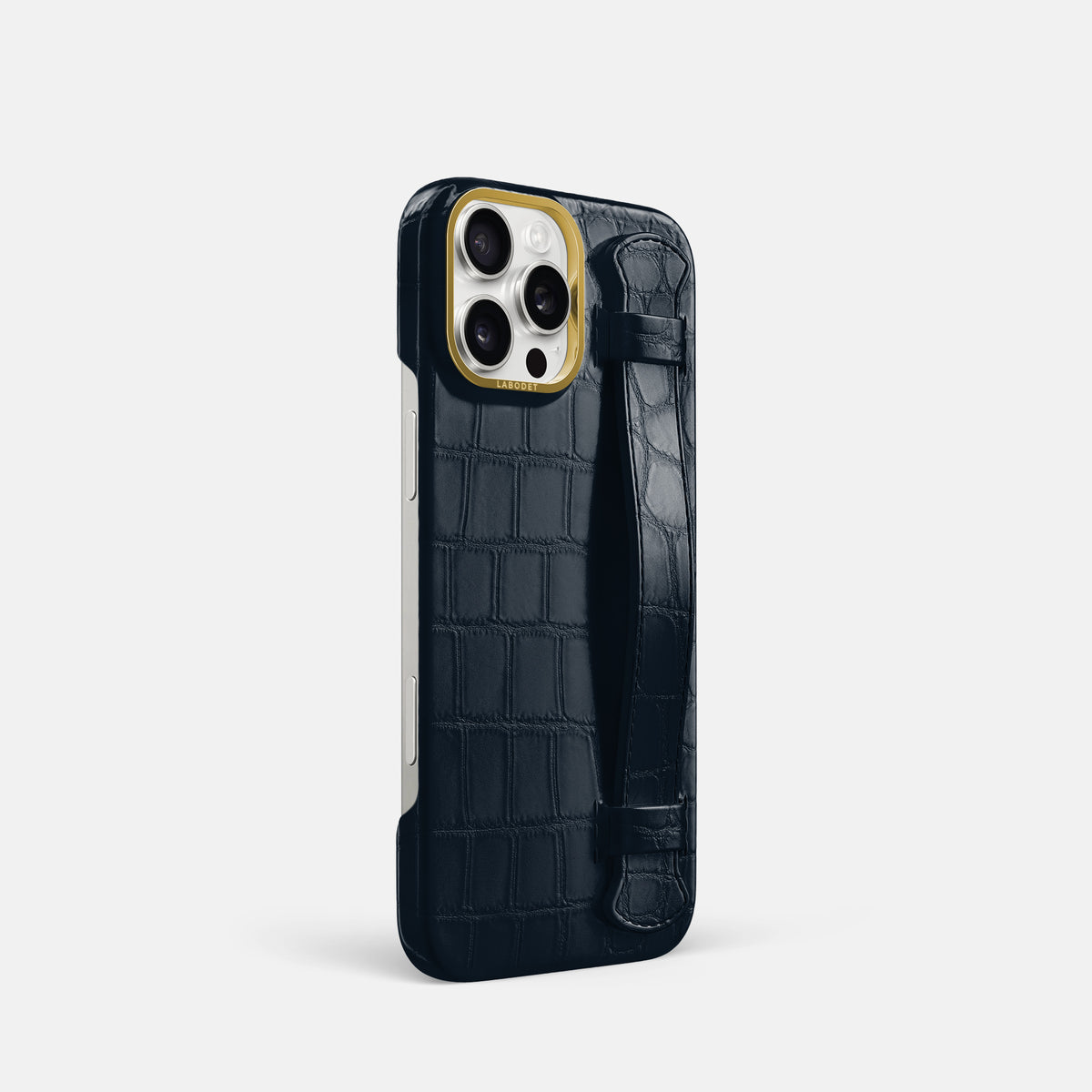 Navy Blue iPhone 16 Pro Handle Case In Alligator with Gold Metal -2 | Navy-Blue-Gold