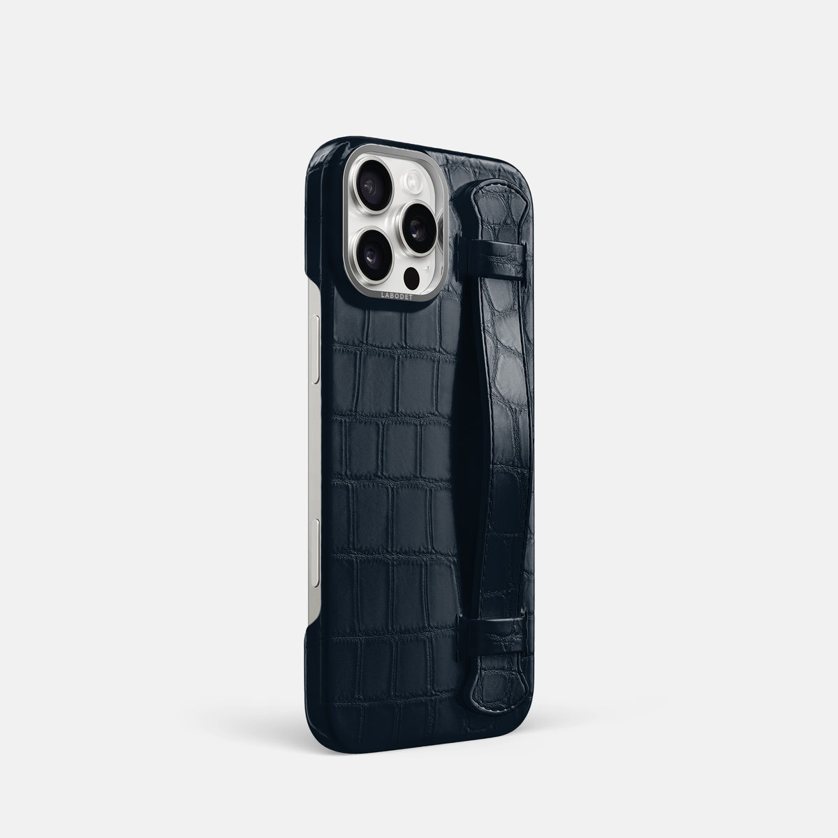 Navy Blue iPhone 16 Pro Handle Case Alligator with Steel Metal -2 | Navy-Blue-Steel