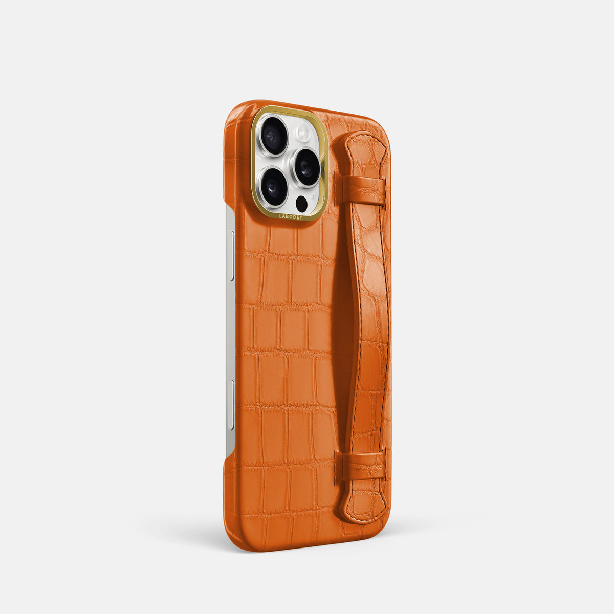 Orange iPhone 16 Pro Handle Case In Alligator with Gold Metal -2 | Orange-Gold