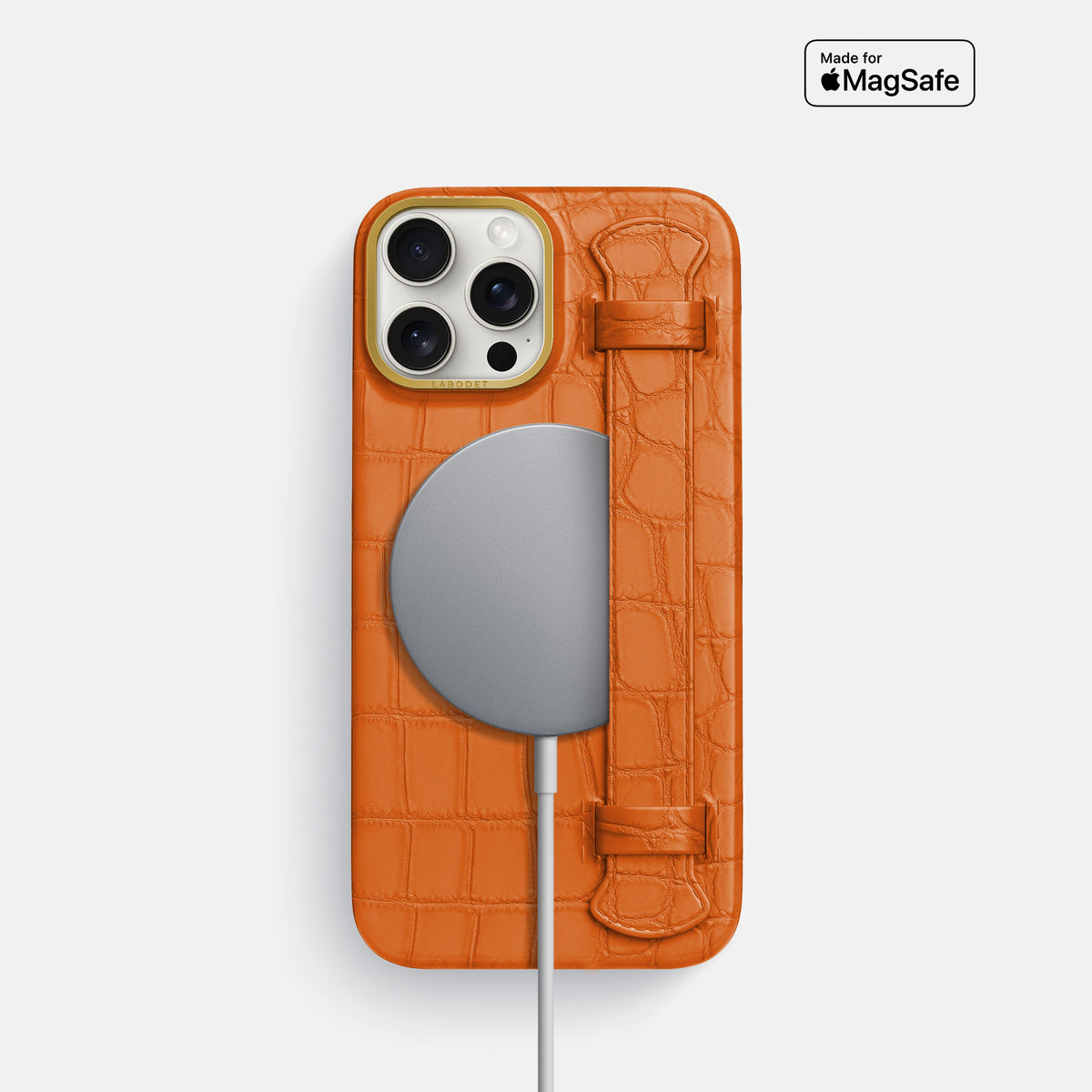 Orange iPhone 16 Pro Handle Case In Alligator with Gold Metal -4 | Orange-Gold