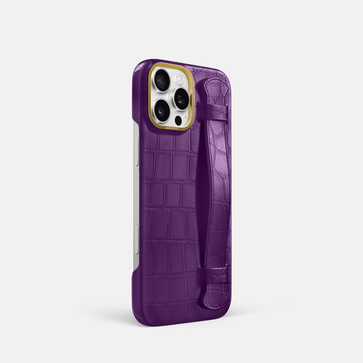 Purple iPhone 16 Pro Handle Case In Alligator with Gold Metal -2 | Purple-Gold