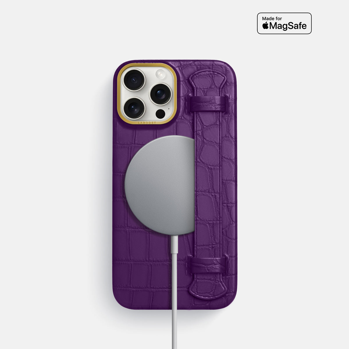 Purple iPhone 16 Pro Handle Case In Alligator with Gold Metal -4 | Purple-Gold