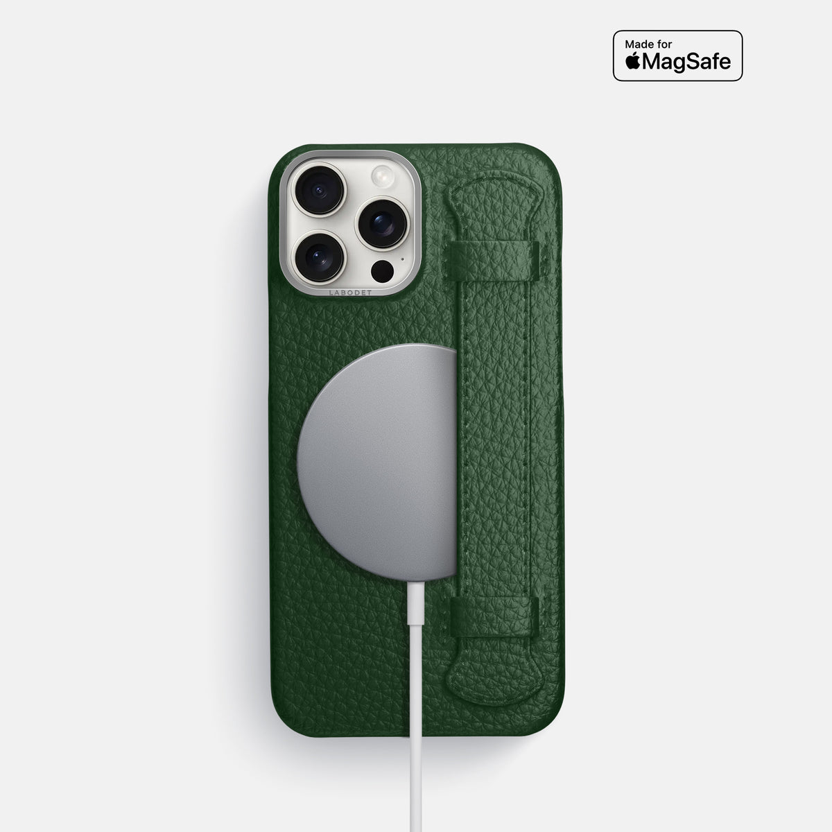 Dark Green iPhone 16 Pro Handle Case Calf with Steel Metal -5 | Dark-Green-Steel