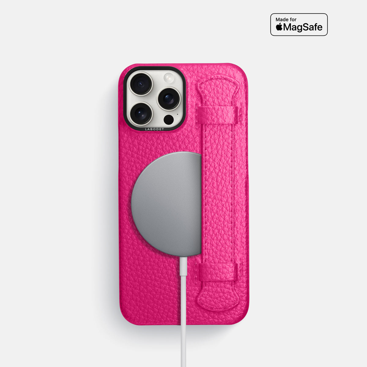 Magenta iPhone 16 Pro Handle Case Calf with Black Metal -5 | Magenta-Black