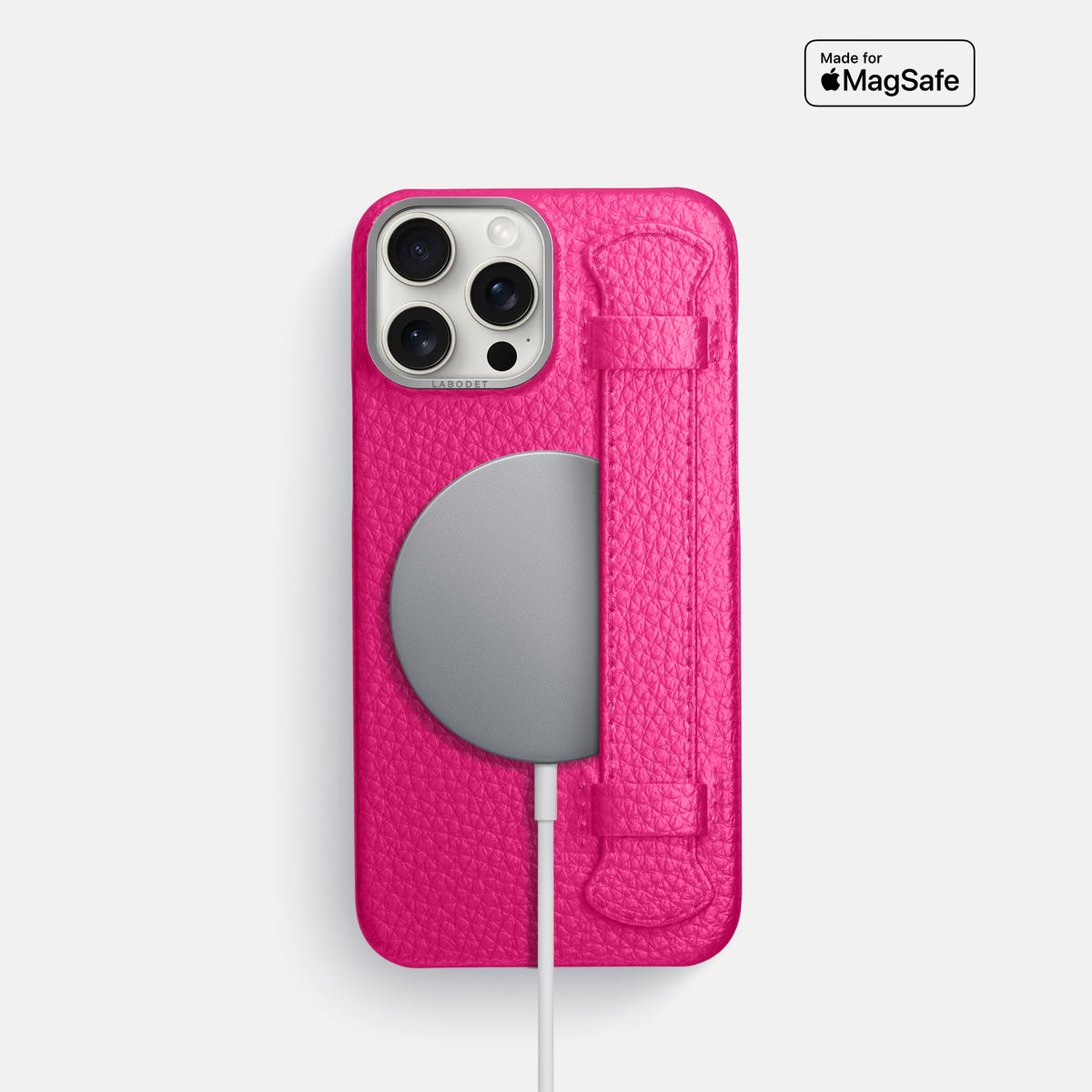 Magenta iPhone 16 Pro Handle Case Calf with Steel Metal -5 | Magenta-Steel