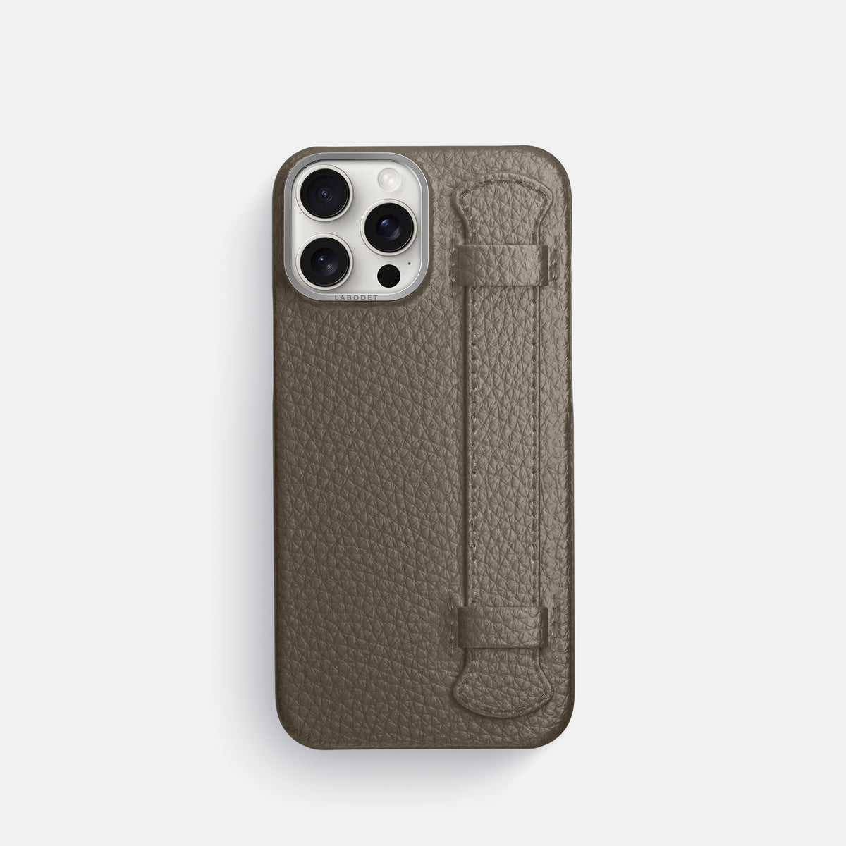 Taupe iPhone 16 Pro Handle Case Calf with Steel Metal -1 | Taupe-Steel