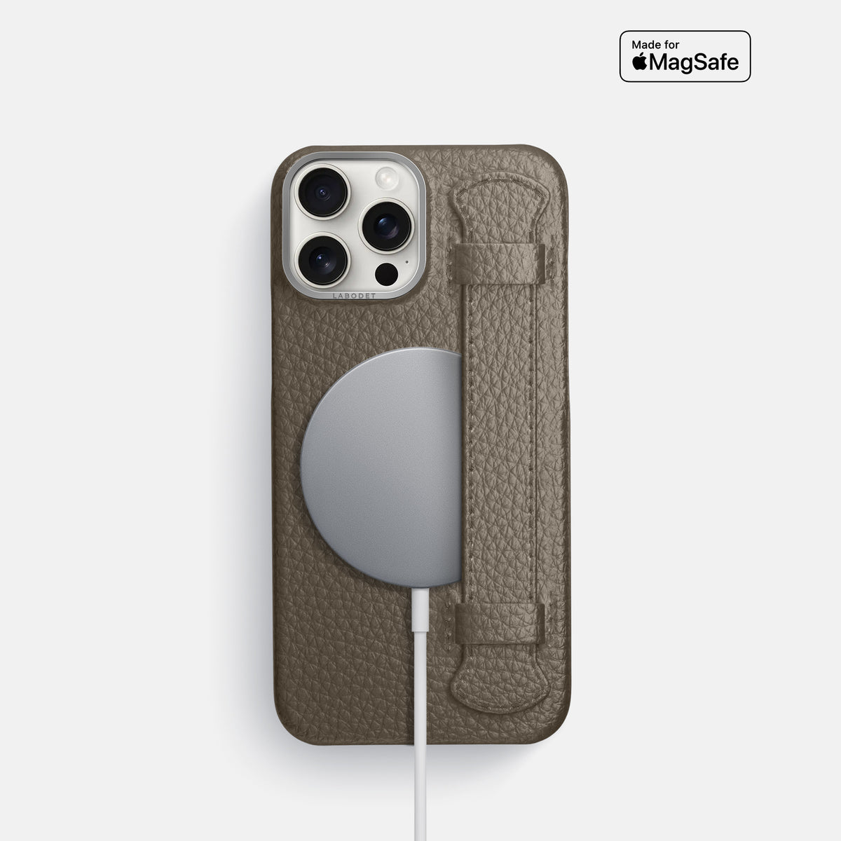 Taupe iPhone 16 Pro Handle Case Calf with Steel Metal -5 | Taupe-Steel