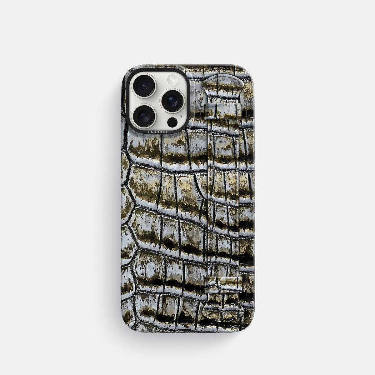 Antique-Bronze iPhone 16 Pro Handle Case Himalayan Crocodile with Black Metal -1 | Antique-Bronze-Black