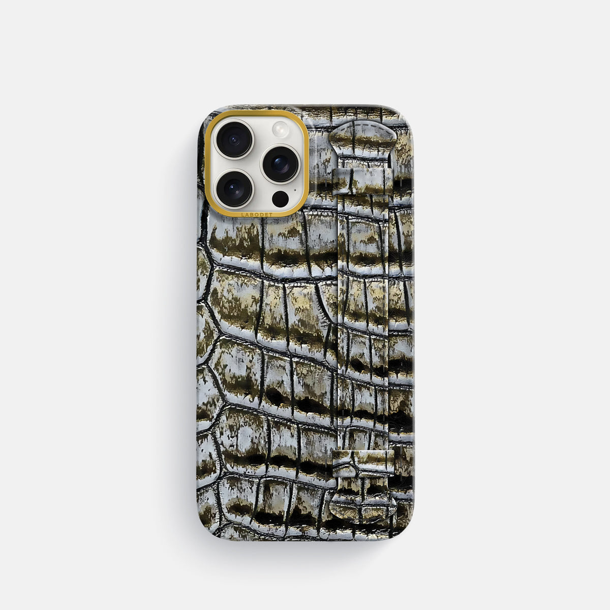 Antique-Bronze iPhone 16 Pro Center Handle Himalayan Crocodile with Gold Metal -1 | Antique-Bronze-Gold