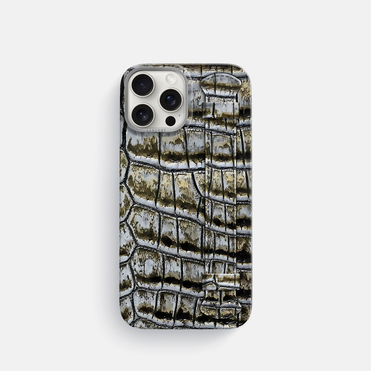 Antique-Bronze iPhone 16 Pro Handle Case Himalayan Crocodile with Steel Metal -1 | Antique-Bronze-Steel