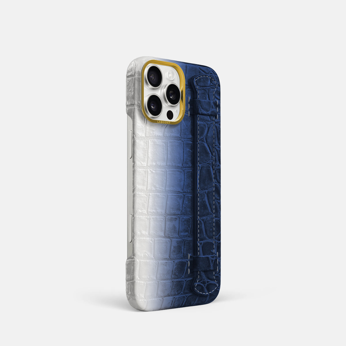 Navy Blue iPhone 16 Pro Center Handle Himalayan Crocodile with Gold Metal -2 | Navy-Blue-Gold