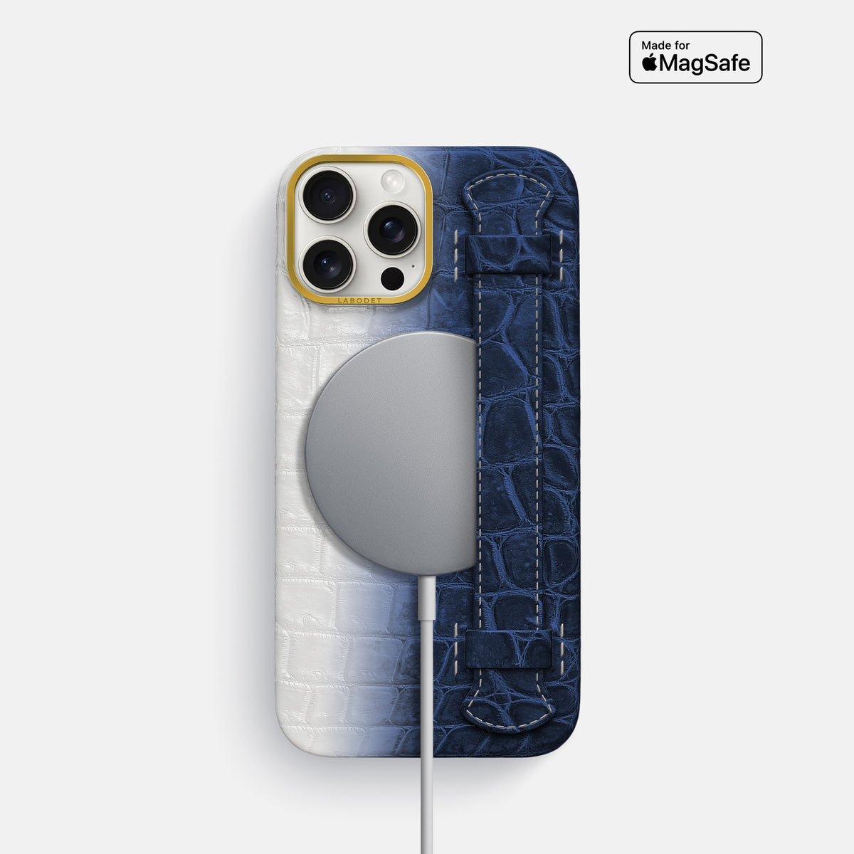 Navy Blue iPhone 16 Pro Center Handle Himalayan Crocodile with Gold Metal -5 | Navy-Blue-Gold