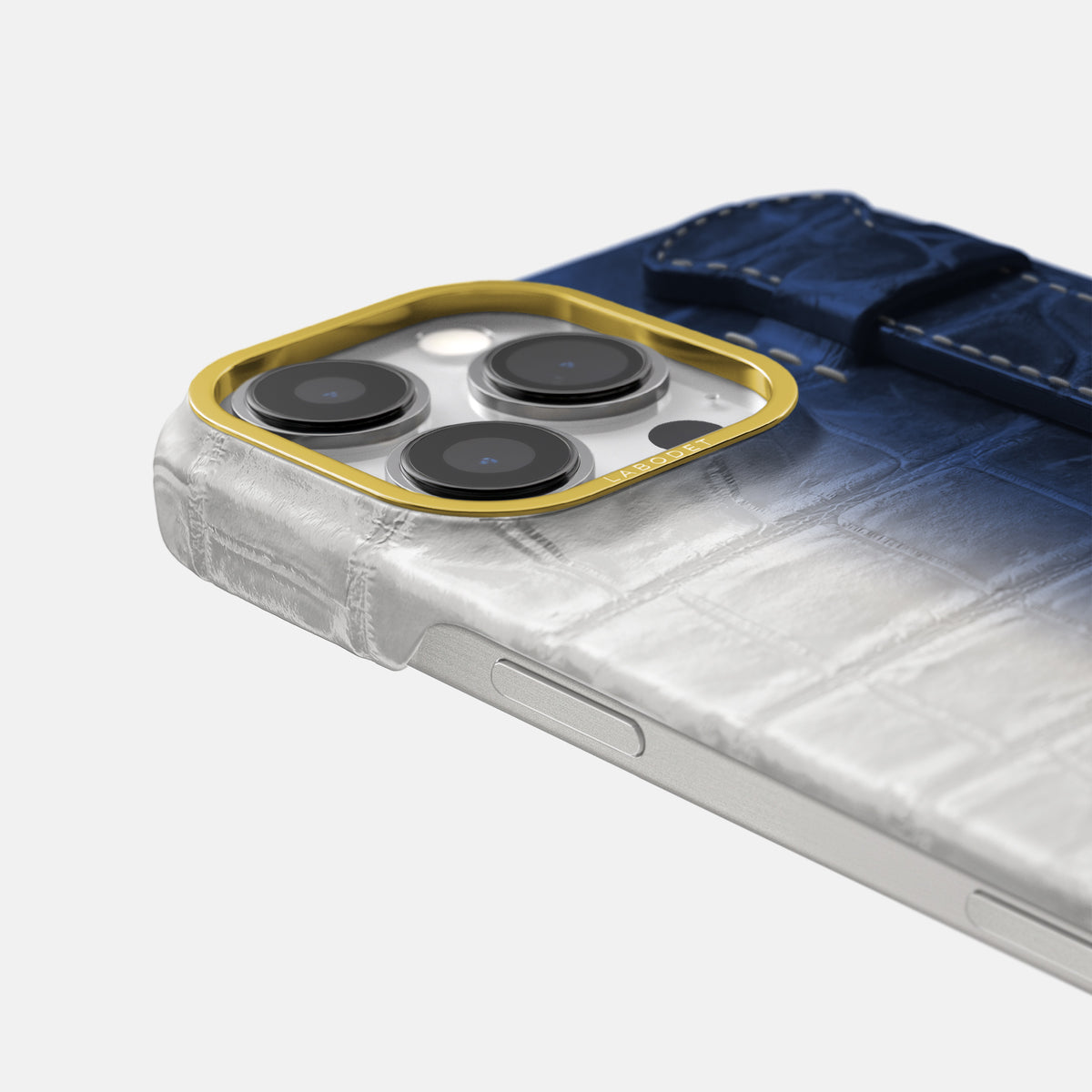 Navy Blue iPhone 16 Pro Center Handle Himalayan Crocodile with Gold Metal -6 | Navy-Blue-Gold