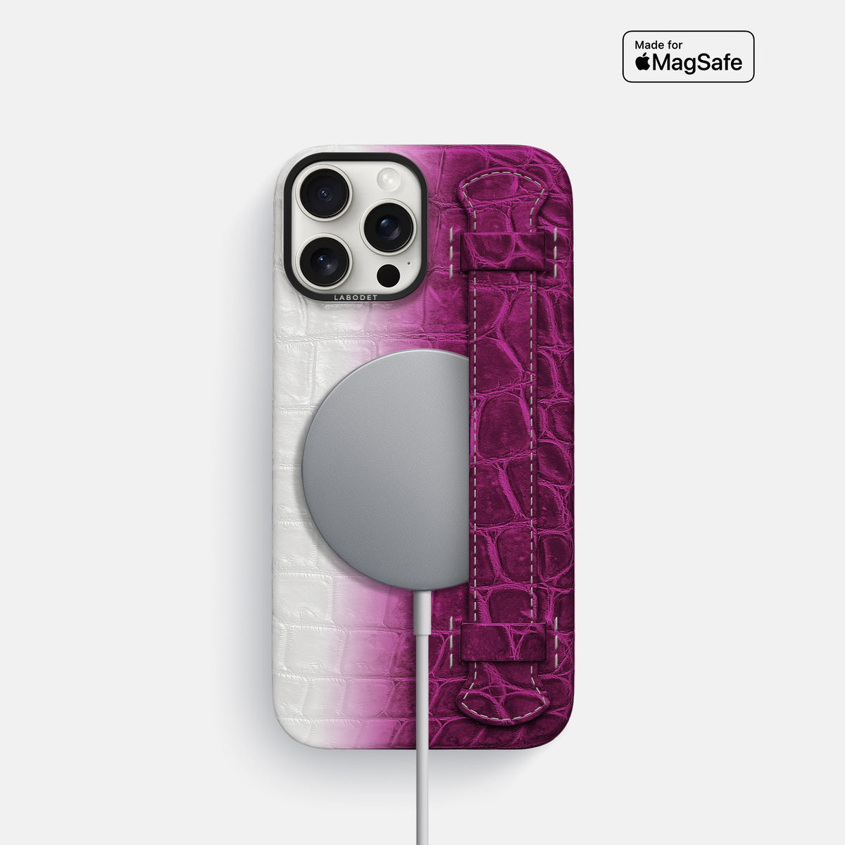 Fuchsia iPhone 16 Pro Handle Case Himalayan Crocodile with Black Metal -5 | Fuchsia-Black