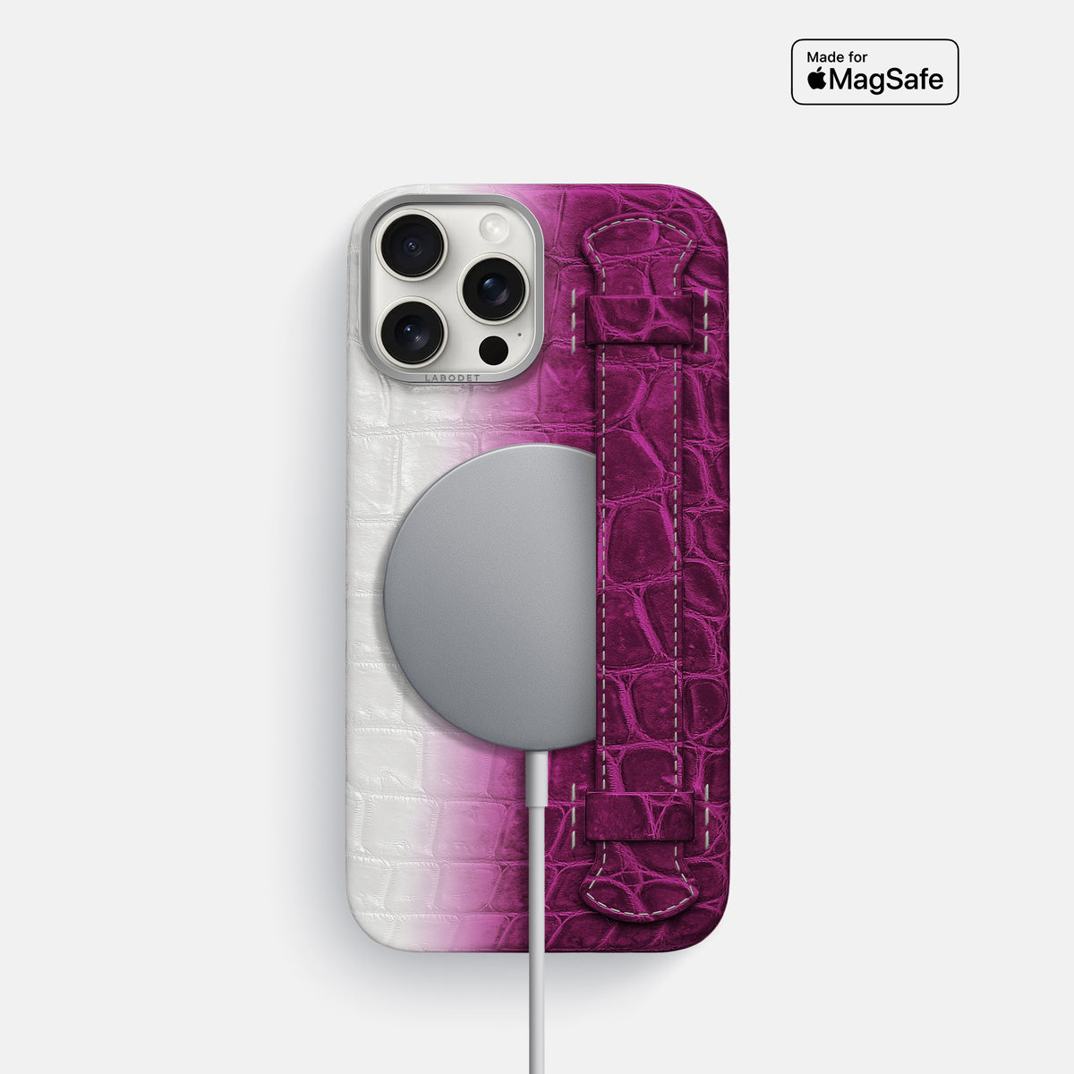 Fuchsia iPhone 16 Pro Handle Case Himalayan Crocodile with Steel Metal -5 | Fuchsia-Steel