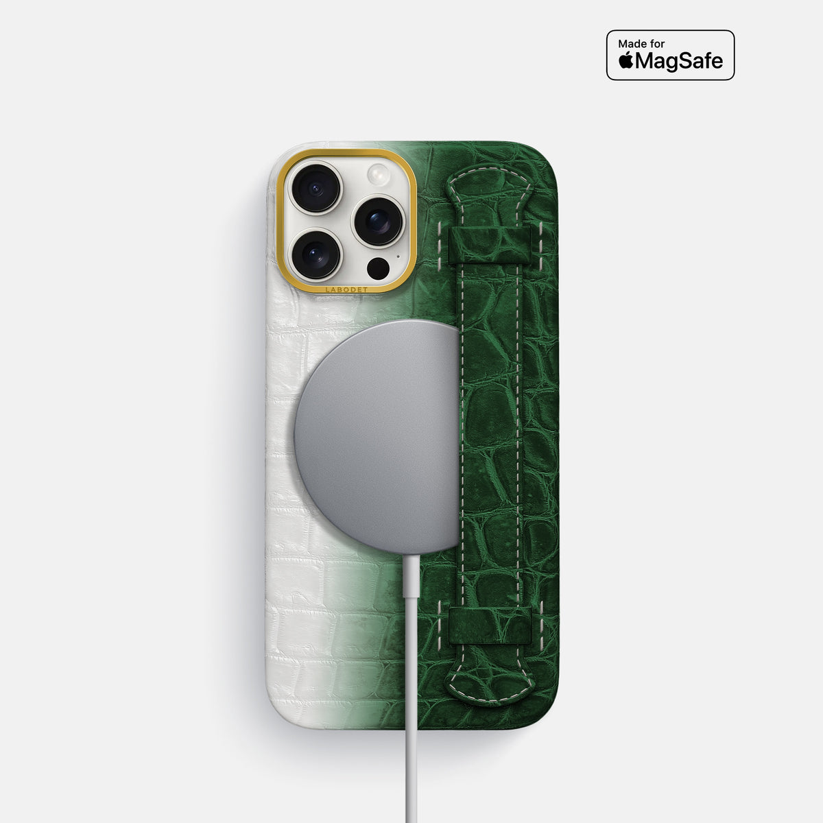 Green iPhone 16 Pro Center Handle Himalayan Crocodile with Gold Metal -5 | Green-Gold