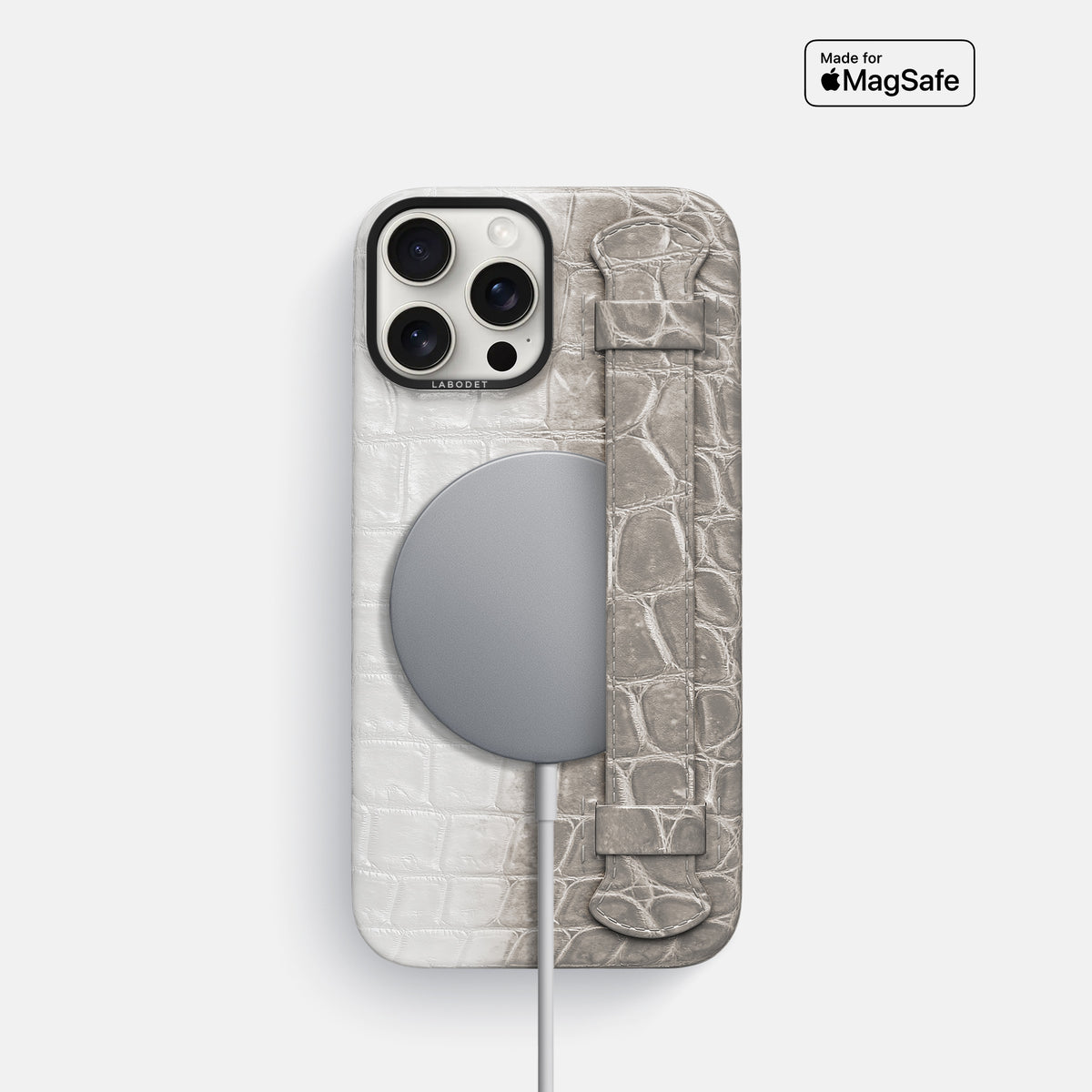 Grey iPhone 16 Pro Handle Case Himalayan Crocodile with Black Metal -5 | Grey-Black