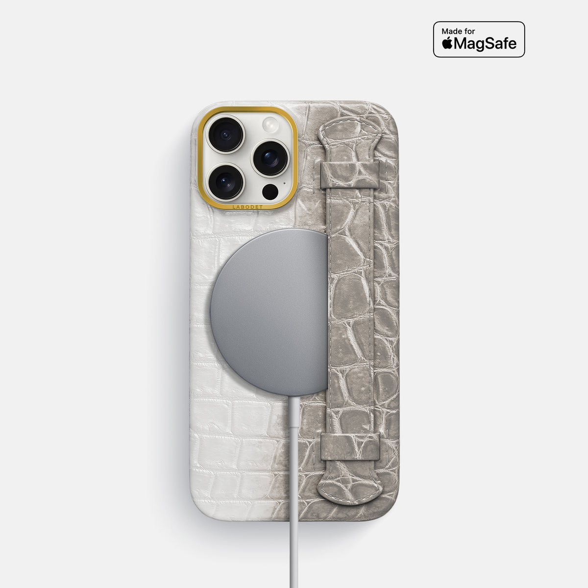 Grey iPhone 16 Pro Center Handle Himalayan Crocodile with Gold Metal -5 | Grey-Gold