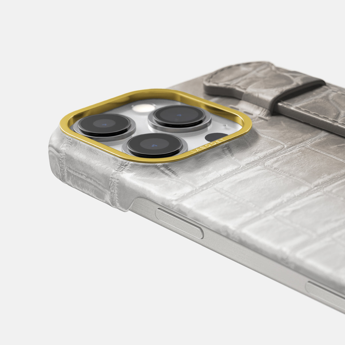 Grey iPhone 16 Pro Center Handle Himalayan Crocodile with Gold Metal -6 | Grey-Gold