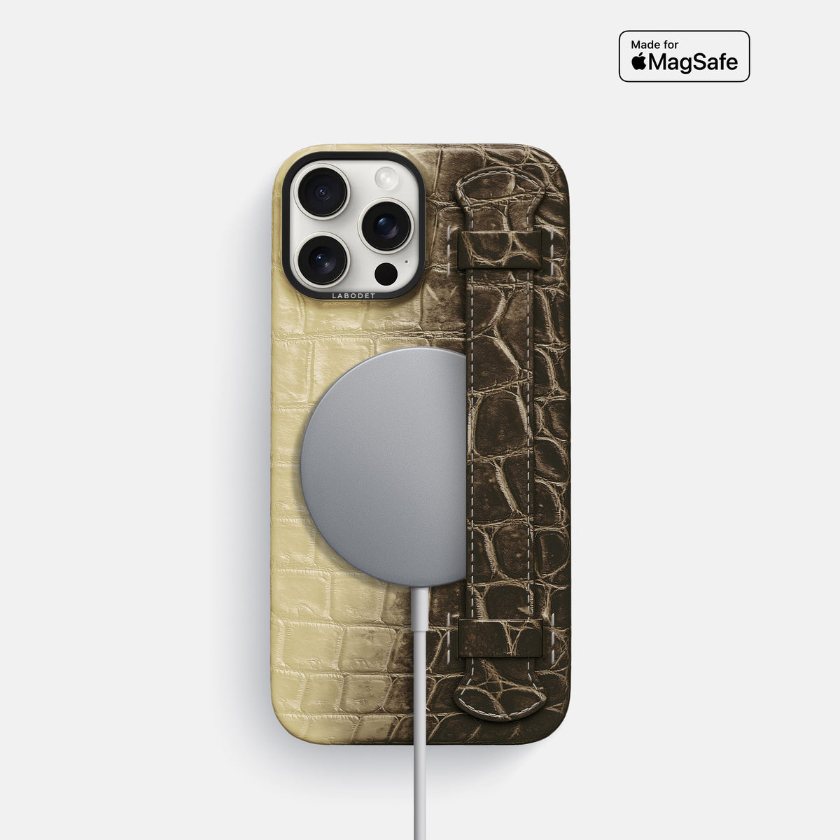 Natural iPhone 16 Pro Handle Case Himalayan Crocodile with Black Metal -5 | Natural-Black