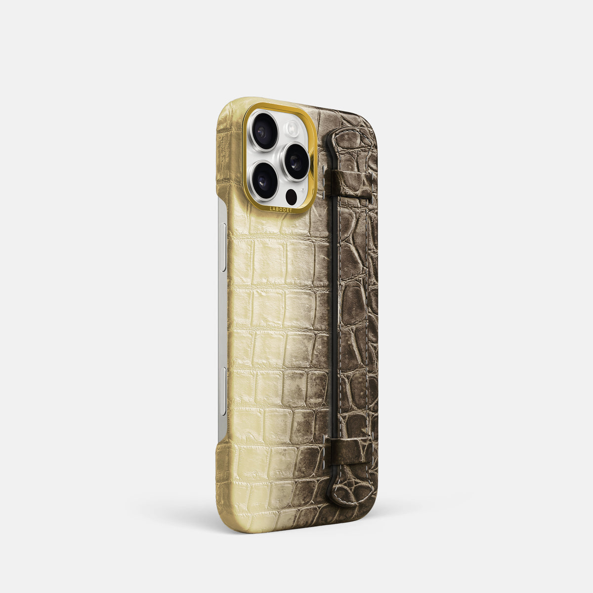Natural iPhone 16 Pro Center Handle Himalayan Crocodile with Gold Metal -2 | Natural-Gold