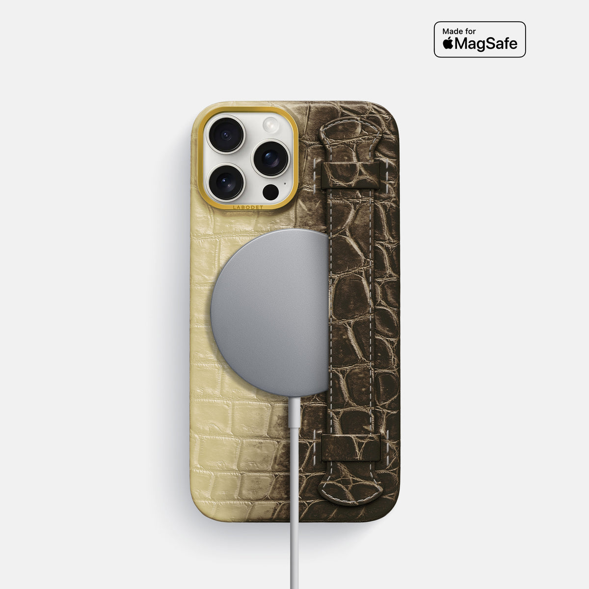 Natural iPhone 16 Pro Center Handle Himalayan Crocodile with Gold Metal -5 | Natural-Gold
