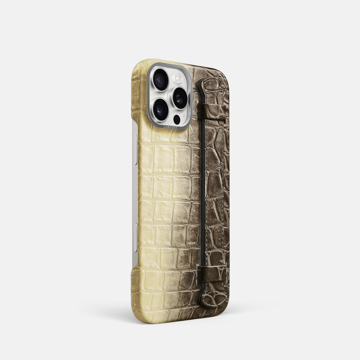 Natural iPhone 16 Pro Handle Case Himalayan Crocodile with Steel Metal -2 | Natural-Steel