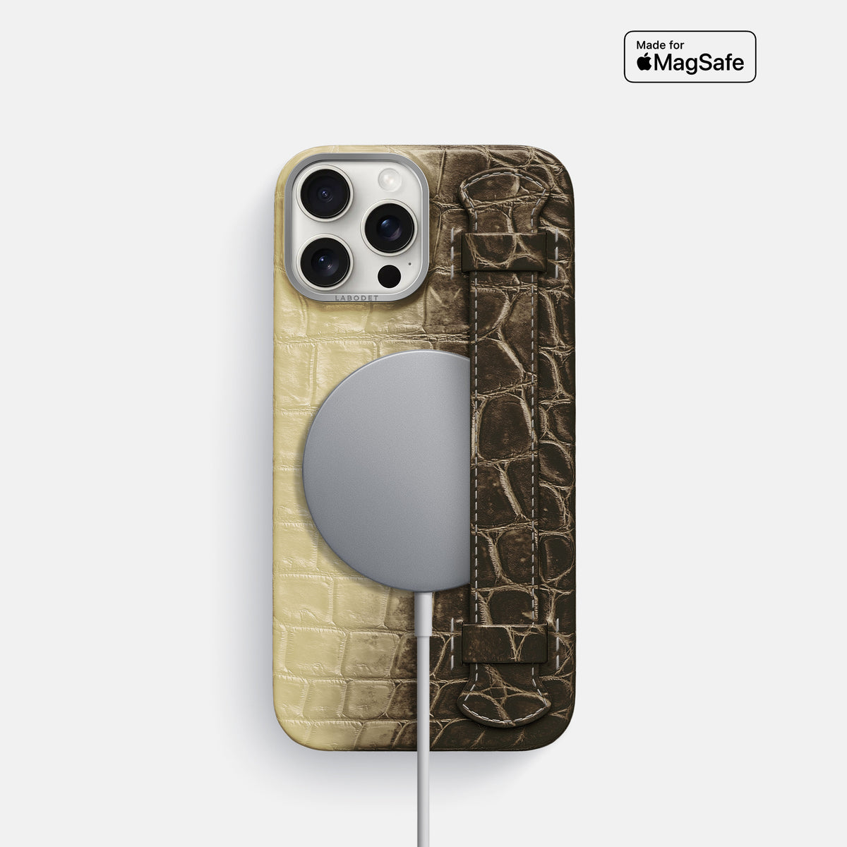 Natural iPhone 16 Pro Handle Case Himalayan Crocodile with Steel Metal -5 | Natural-Steel
