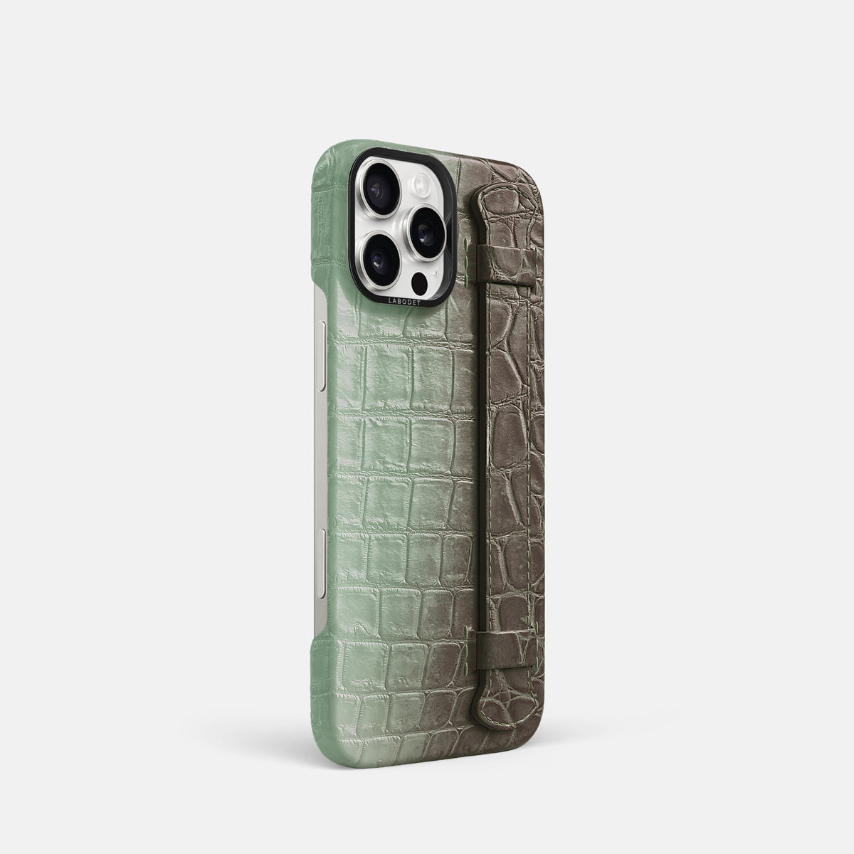 Pistachio iPhone 16 Pro Handle Case Himalayan Crocodile with Black Metal -2 | Pistachio-Black