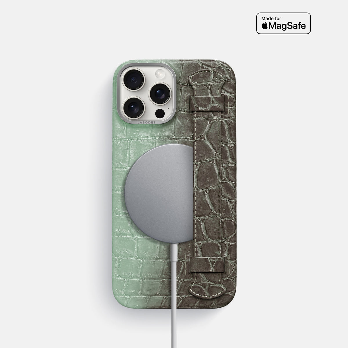 Pistachio iPhone 16 Pro Handle Case Himalayan Crocodile with Steel Metal -5 | Pistachio-Steel