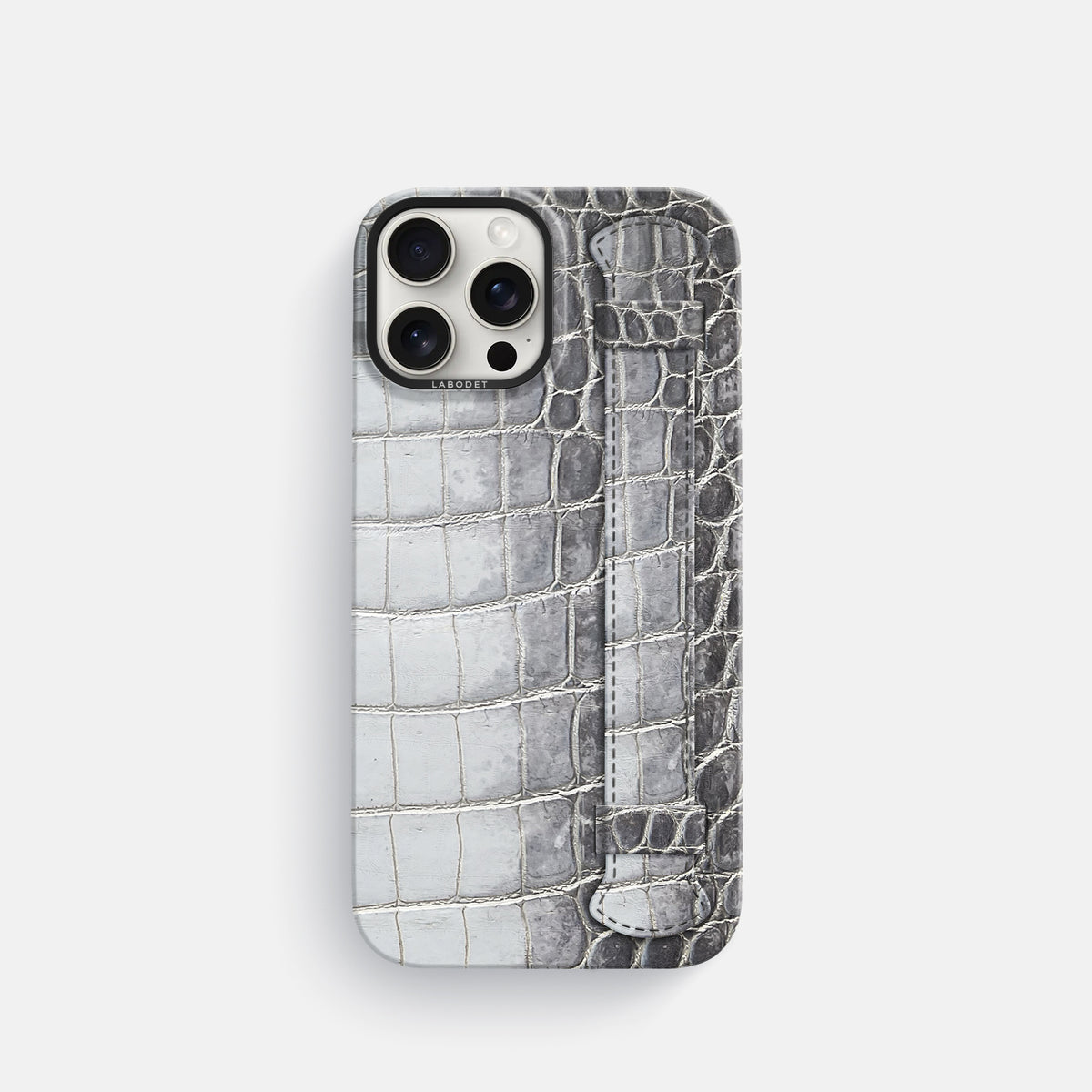Silver iPhone 16 Pro Handle Case Himalayan Crocodile with Black Metal -1 | Silver-Black