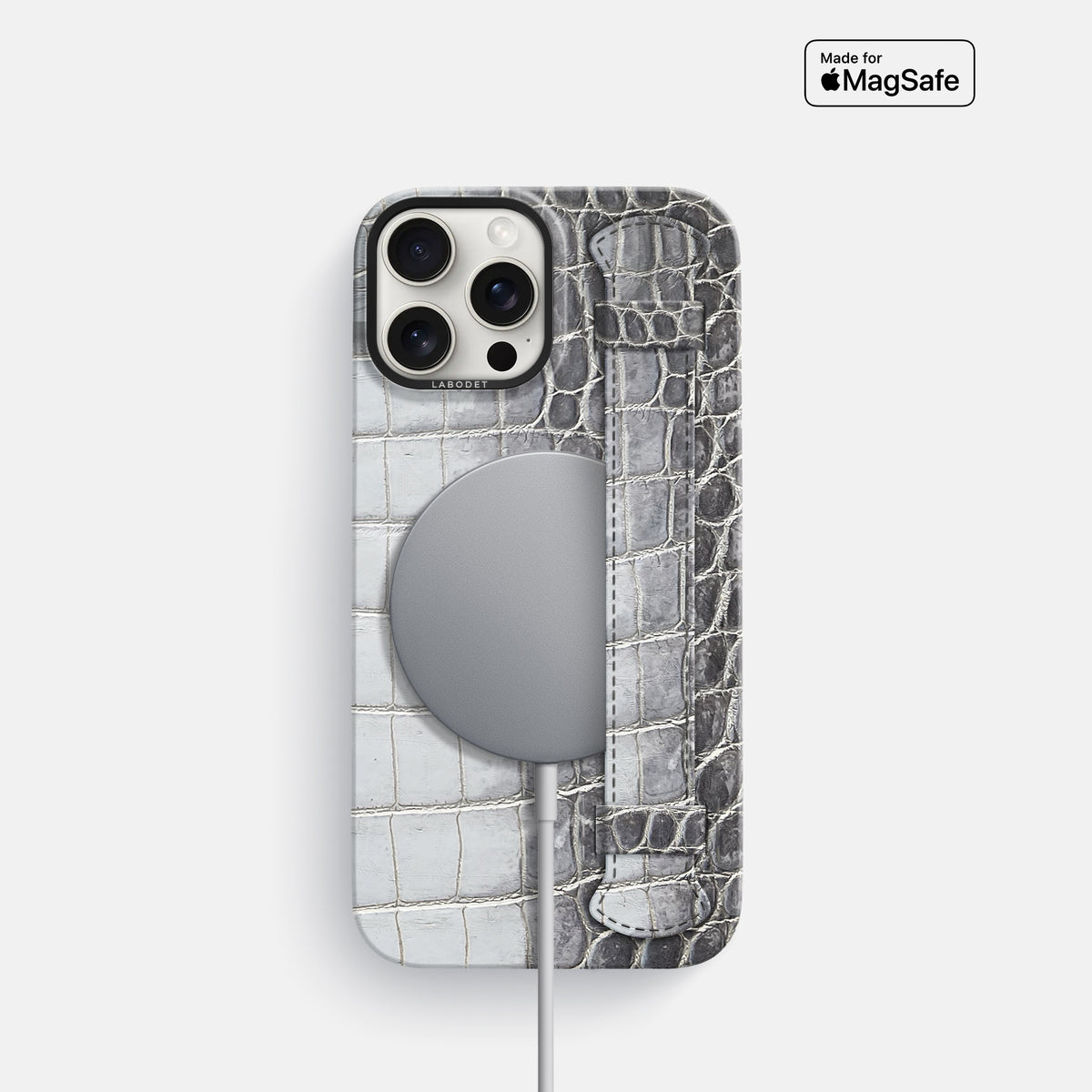 Silver iPhone 16 Pro Handle Case Himalayan Crocodile with Black Metal -5 | Silver-Black