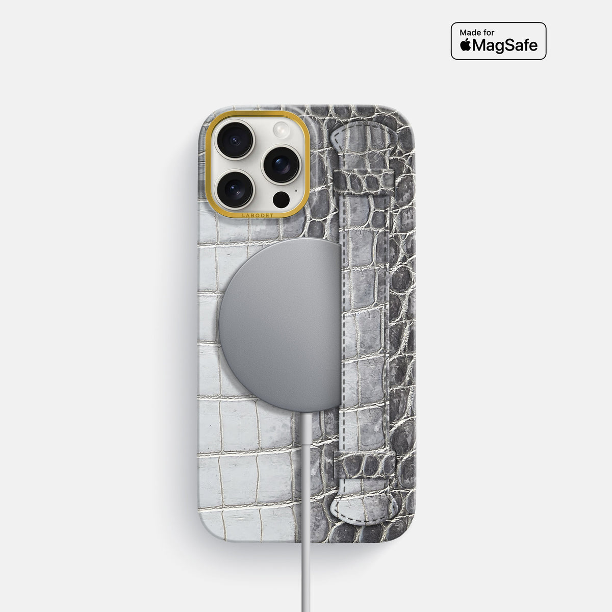 Silver iPhone 16 Pro Center Handle Himalayan Crocodile with Gold Metal -5 | Silver-Gold