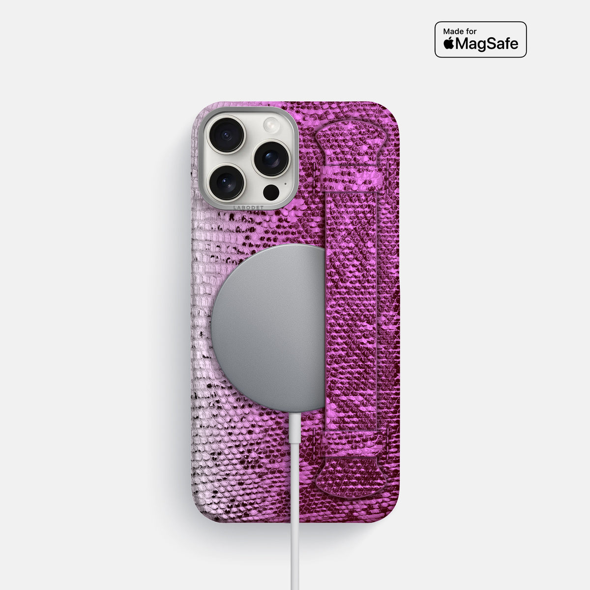 Fuchsia iPhone 16 Pro Himalayan Lizard Handle Case with Steel Metal -5 | Fuchsia-Steel