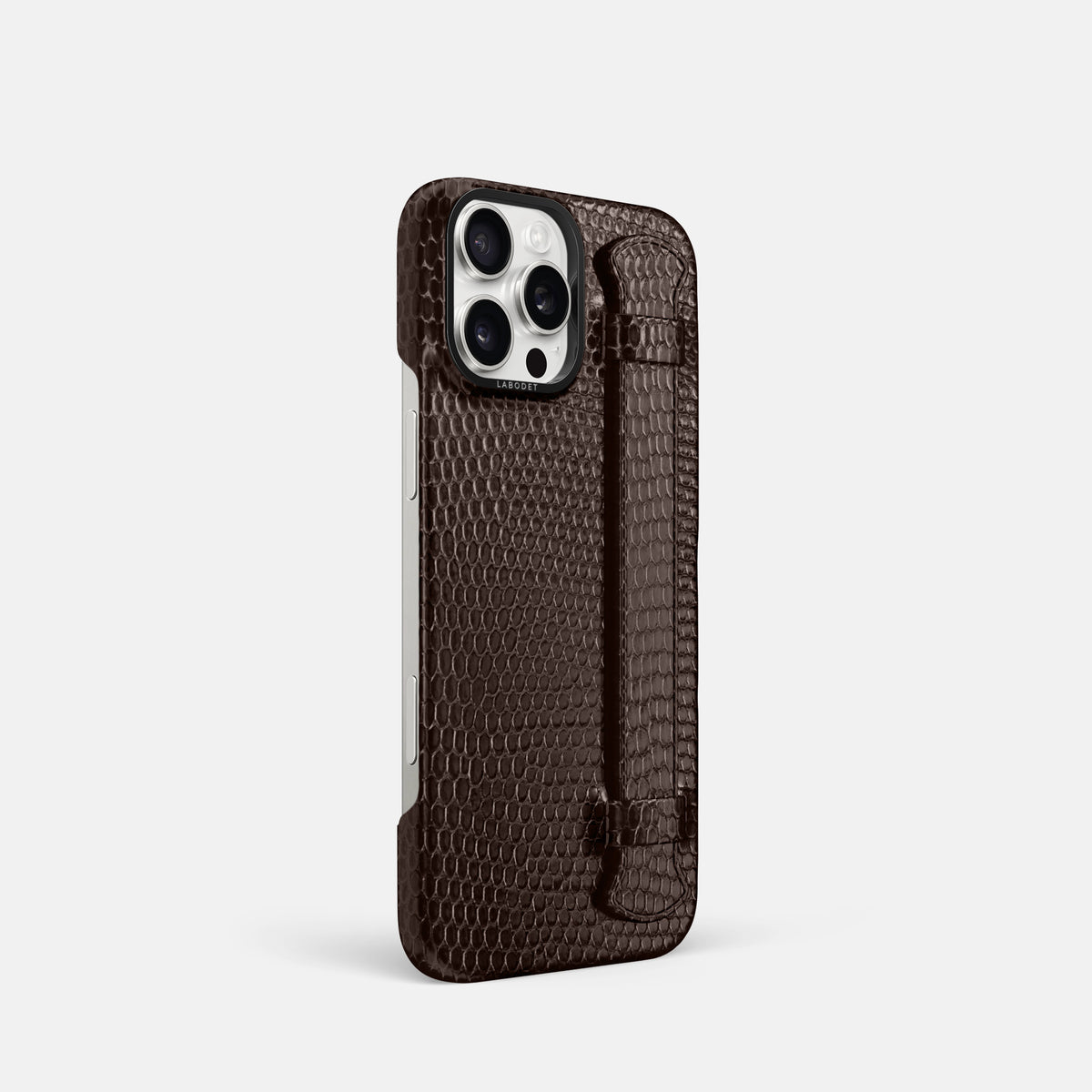 Brown iPhone 16 Pro Handle Case Lizard with Black Metal -2 | Brown-Black