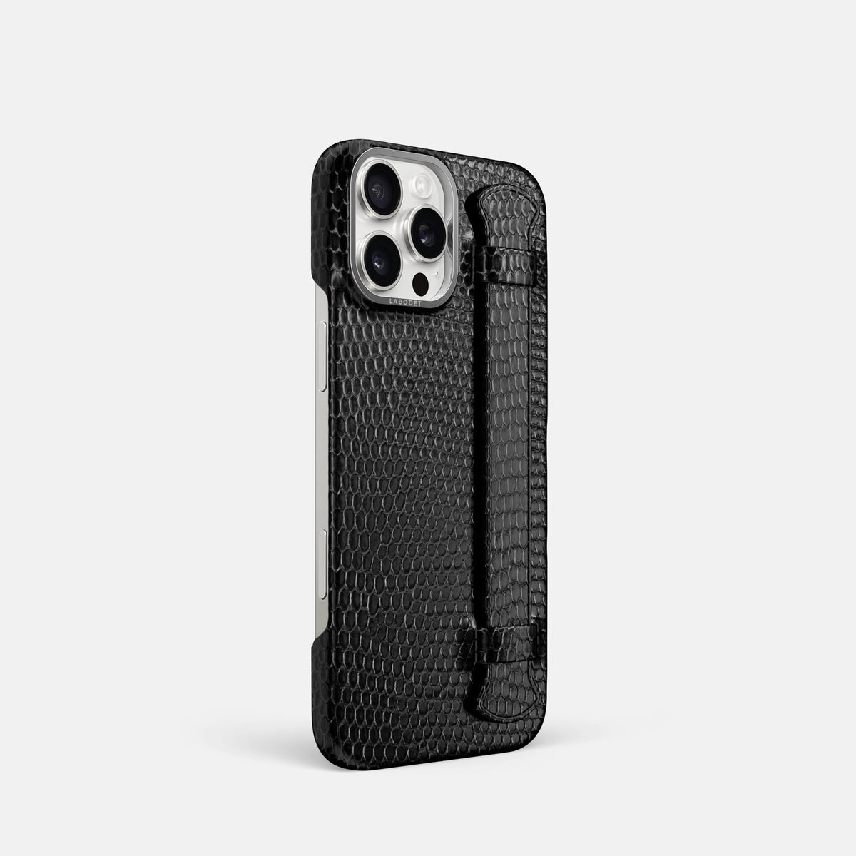 Black iPhone 16 Pro Handle Case Lizard with Steel Metal -2 | Black-Steel