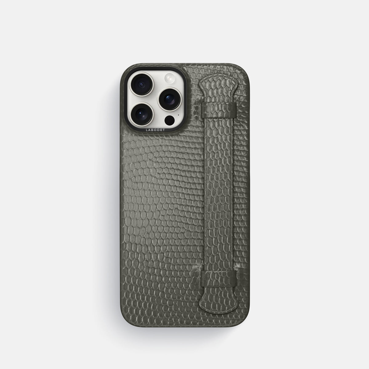 Grey iPhone 16 Pro Handle Case Lizard with Black Metal -1 | Grey-Black