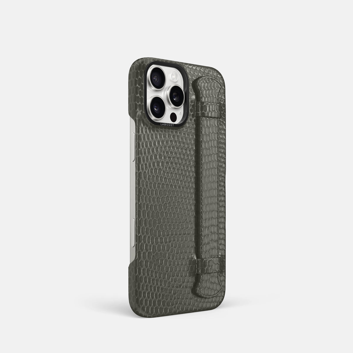Grey iPhone 16 Pro Handle Case Lizard with Black Metal -2 | Grey-Black