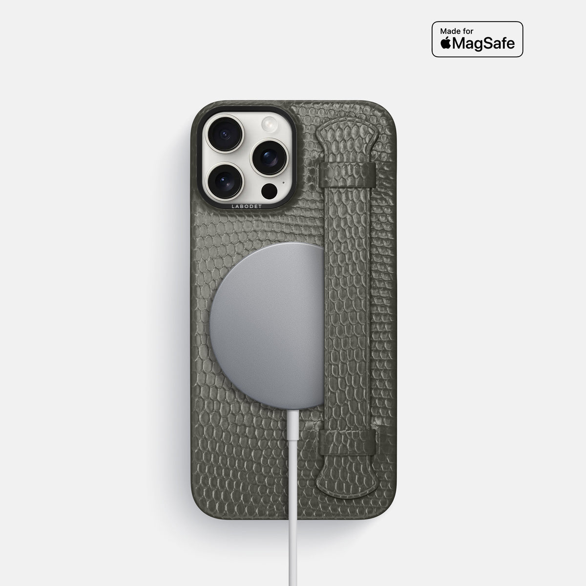 Grey iPhone 16 Pro Handle Case Lizard with Black Metal -5 | Grey-Black